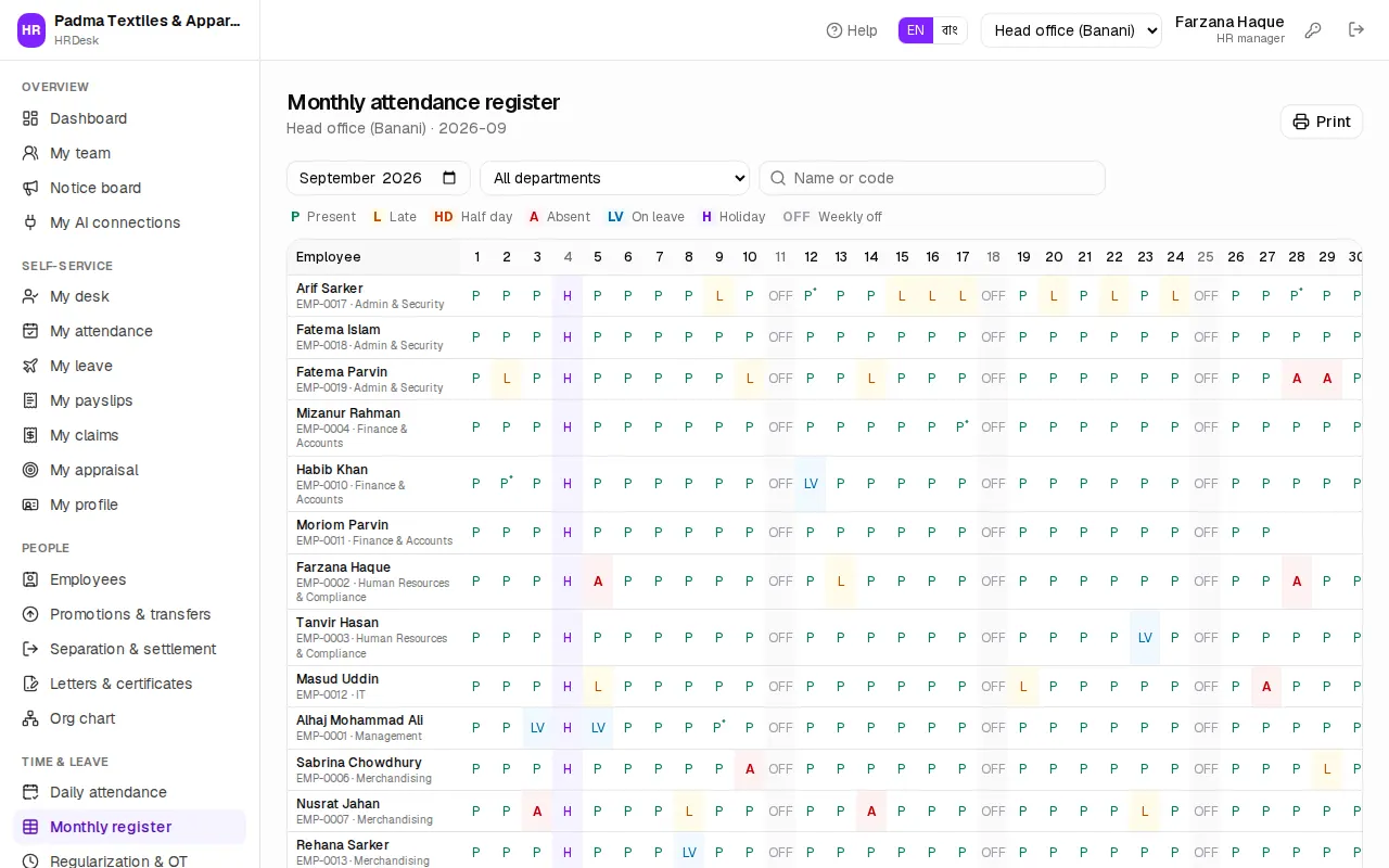 Monthly attendance register