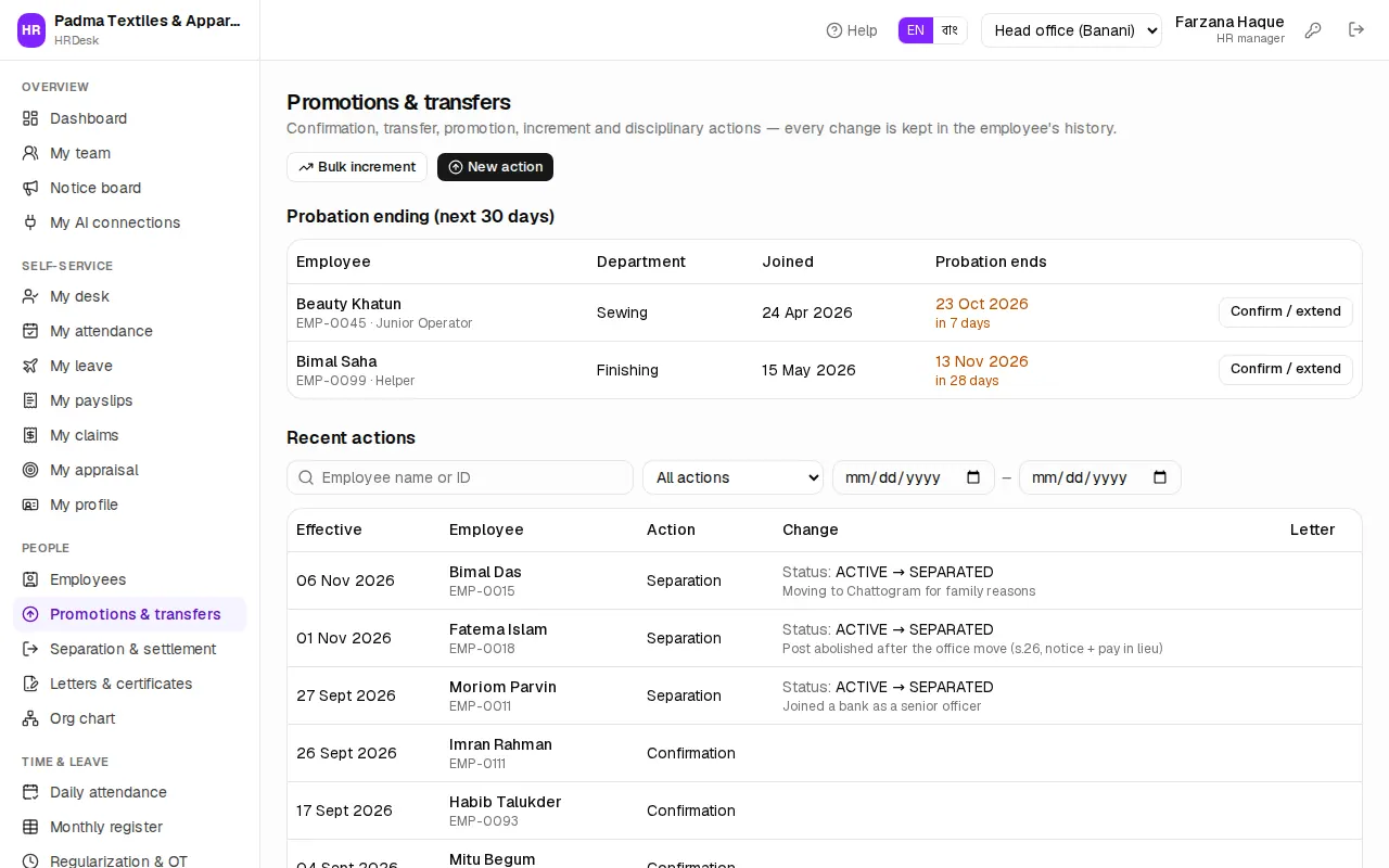 Promotions & transfers