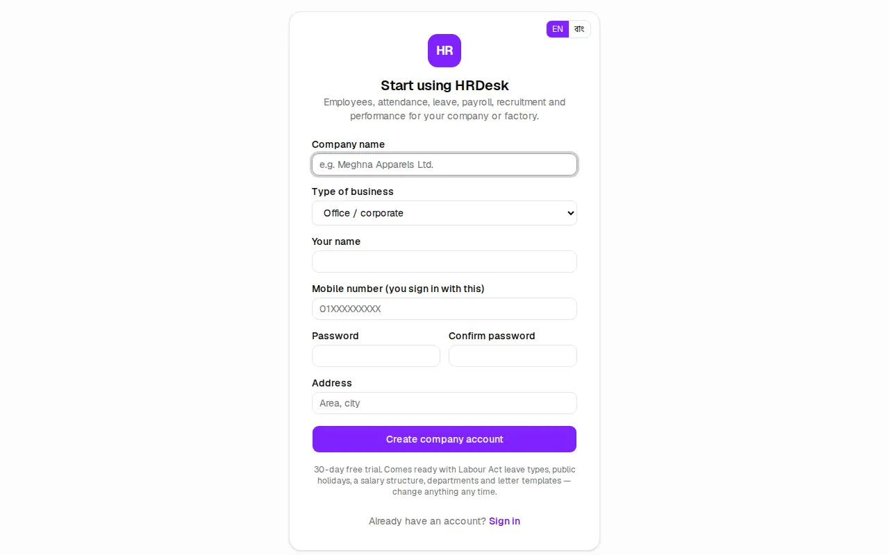 Create a company account